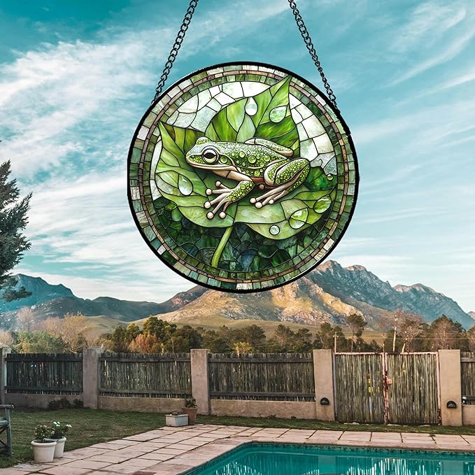 CRISGIF Stained Glass Window Hanging - Cute Frog Suncatcher for Doors Garden Patio Green Leaves Sun Catchers Decor Christmas Mother's Day Birthday Gifts for Women Men Mom Nana Boy Friend 7.8 in