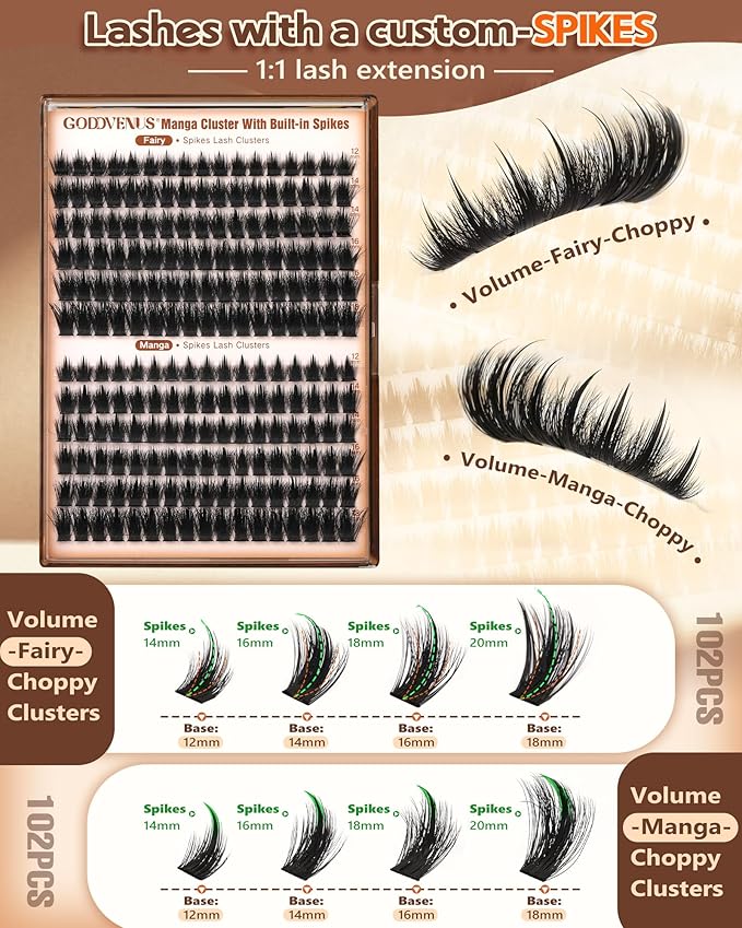 Goddvenus Manga Lash clusters With Spikes Wispy Cluster Eyelash Extensions Natural Fairy Eyelash Clusters D Curl Individual Lashes Fluffy False Eyelashes (12-18mm)
