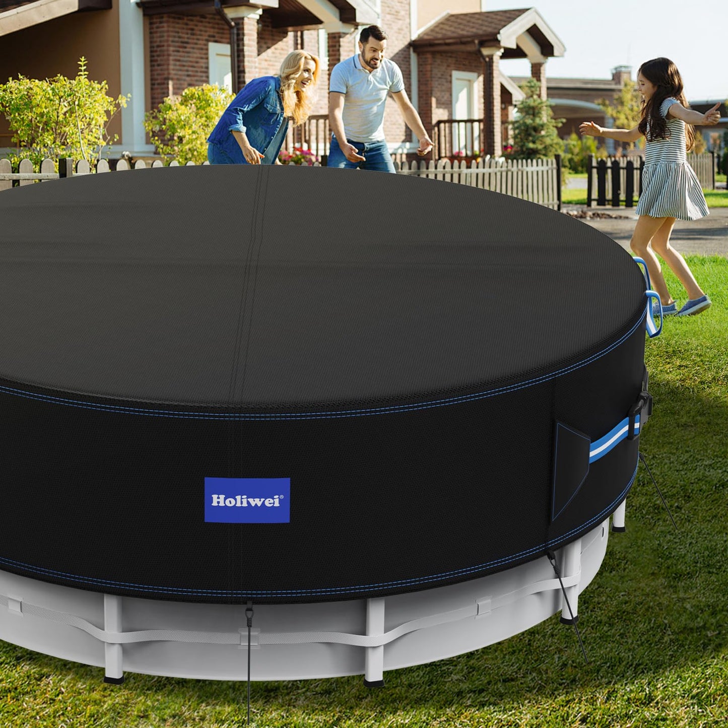 Holiwei 24 Ft Round Pool Cover with Reflective Strips, 420D Swimming Pool Cover for Above Ground Pools, Solar Cover with Drawstring and Ground Nails for Dustproof, UV Protected