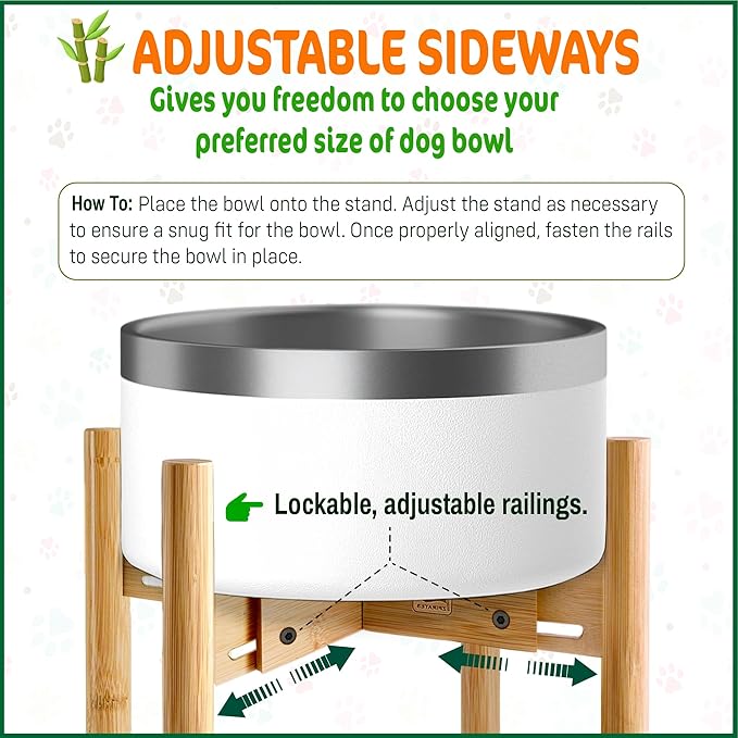 Dog Bowl Stand - Raise, Elevate Bowls to 9-inch High - Adjustable, Fits 6 up to 8-inch Medium Dog Food/Water Feeders, Dishes and Fountains - Durable Bamboo