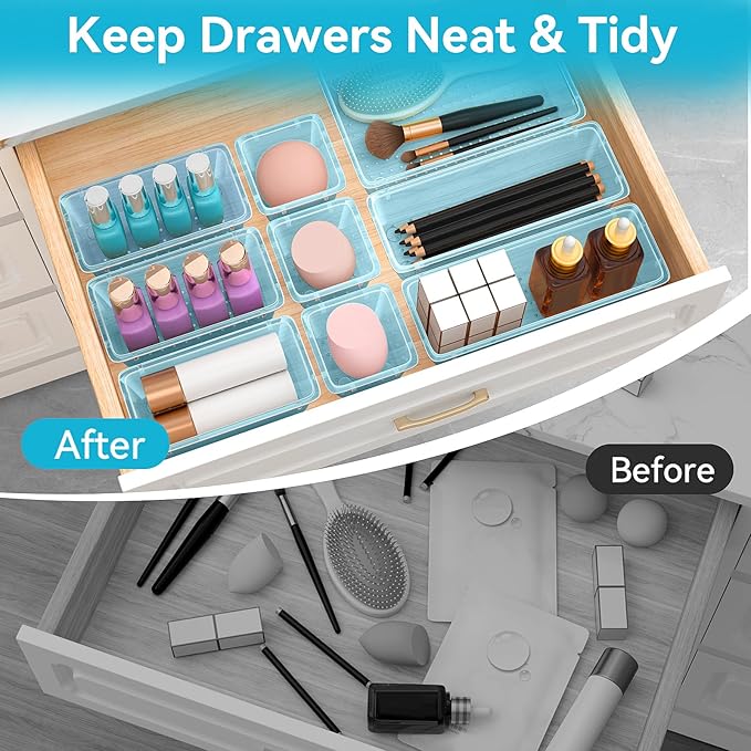 12-Piece Drawer Organizer Set, 4 Sizes Versatile Plastic Vanity Organizer for Makeup, Stationery, Gadgets, in Kitchen, Bathroom, Office, and Bedroom, Sea Blue