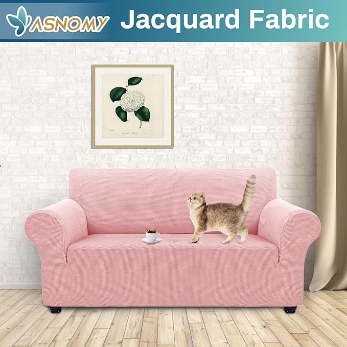 Asnomy Sofa Covers for 2 Cushion Couch Stretch loveseat Covers Slipcovers, Pet Protector Furniture Covers for Dogs Cats Spandex Jacquard Fabric Small Checks （Medium，Pink）