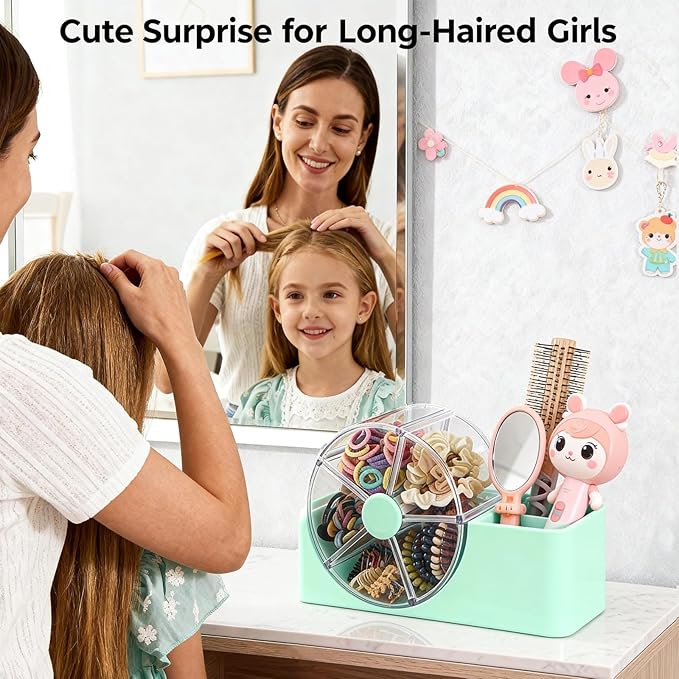 Hair Accessories Organizer for Girls, 2-Slot Hair Brush Holder & 5-Section Rotating Wheel, Cute Makeup Brush Holder for Hair Tile, Clip, Makeup Brush, Earring, Ring, Kids Vanity Accessories (Seafoam)