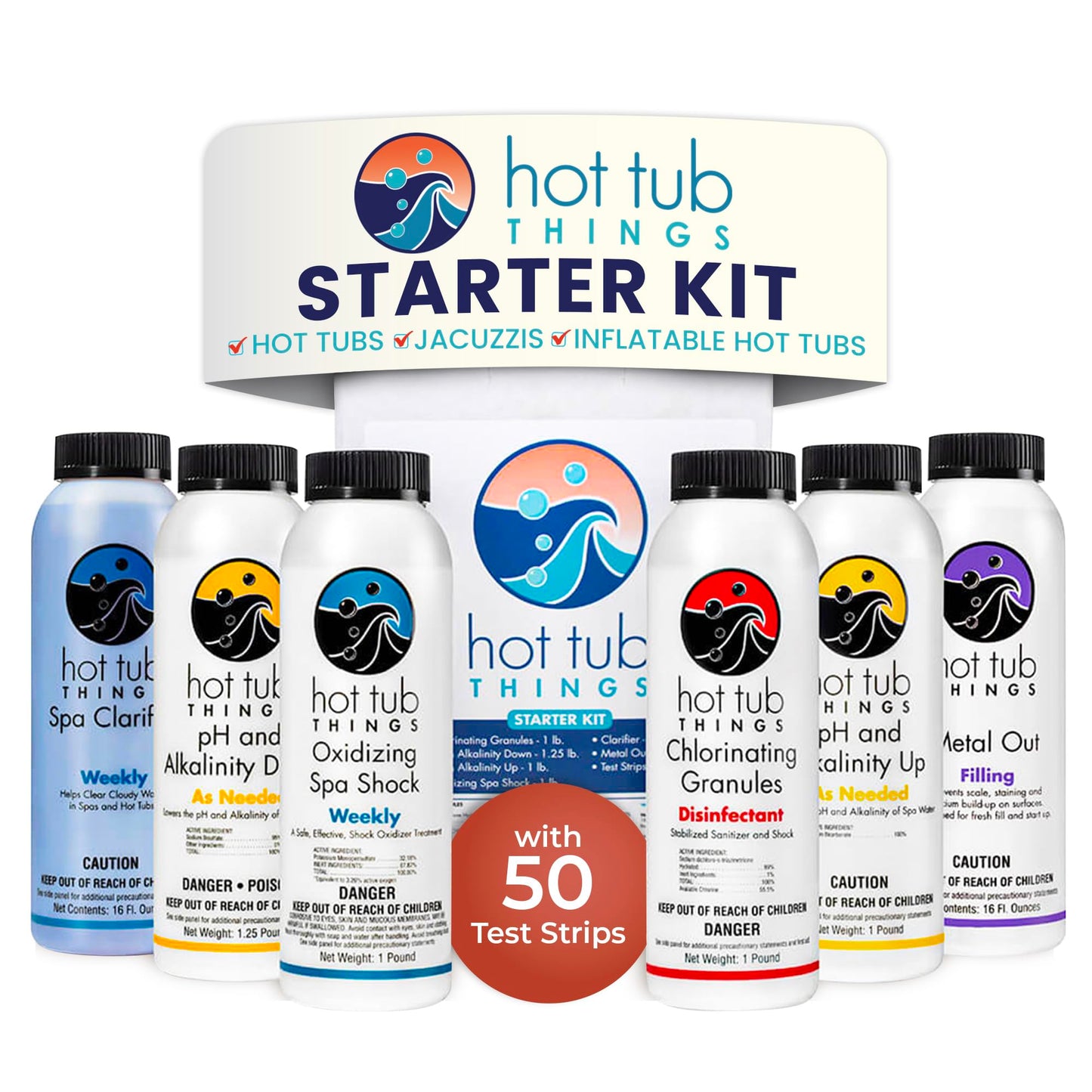 Hot Tub Things - Chlorine Starter Kit - Hot Tub Chemicals Kit for Spa & Jacuzzi Maintenance, Pool Shock, Chlorine Granules, Test Strips, Alkalinity Up & Down, Clarifier, Metal Out, Oxidizer - 1 lb