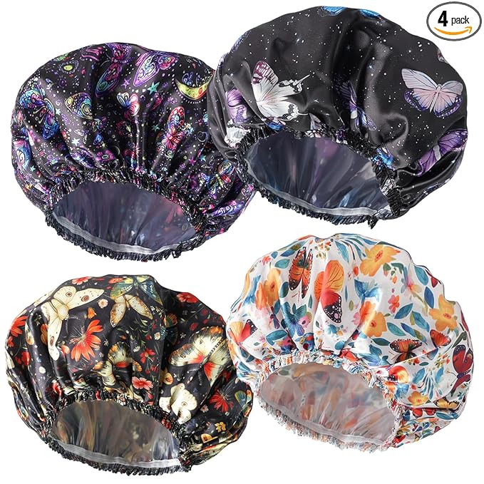 Shower Cap for Women,4 PCS Elastic and Reusable Bath Caps, Double Layers Shower Caps Reusable Waterproof, Bathing Shower Caps, Environmental Bath Hair Protection Cap - Butterfly B