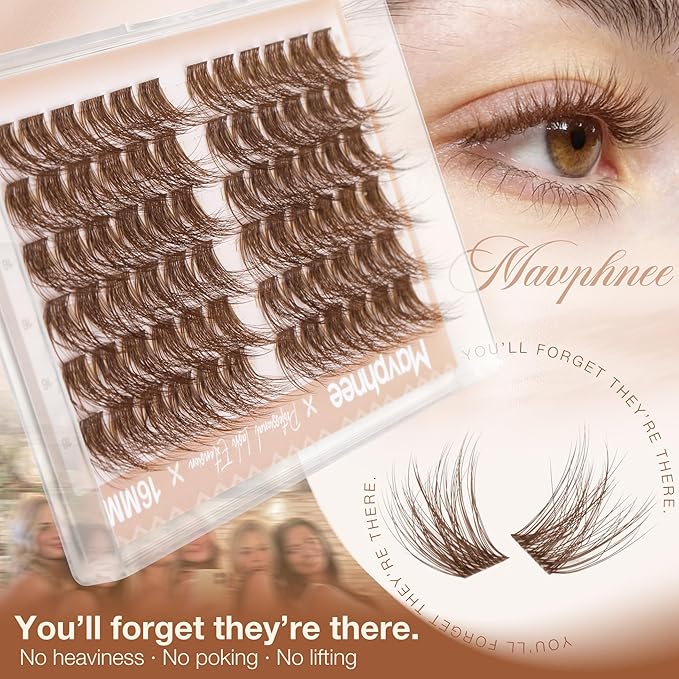 16MM Brown Eyelash Clusters Natural Yet Noticeable Lash Clusters Dark Brown Wispy Individual Lash Extensions, Easy to Apply & Reusable