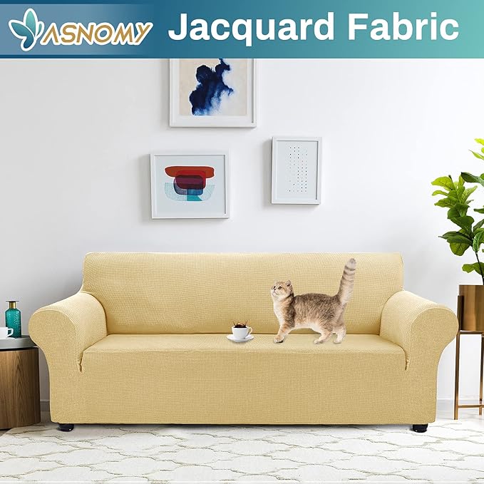 Asnomy Couch Covers for 3 Cushion Couch Stretch Sofa Covers Slipcovers, Pet Protector Furniture Covers for Dogs Cats Spandex Jacquard Fabric Small Checks （Large，Champagne）