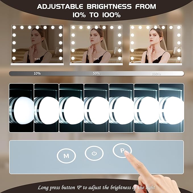 Vanity Mirror with Lights Lighted Makeup Mirror with 15 Dimmable LED Bulbs,3 Color Lighting Modes,USB Charging Port Touch Control,Sturdy Metal Frame Design,White