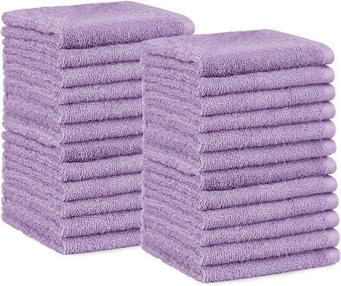 Amazon Basics Highly Absorbent, Fast Drying 100% Cotton Washcloths for Bathroom, Machine Washable, 12 x 12 inches, Lavender, 24-Pack