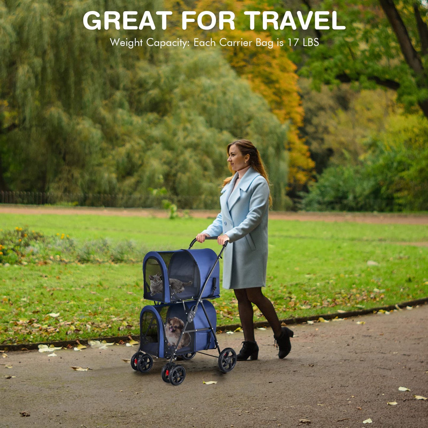 Giantex Double Pet Stroller with 2 Detachable Carrier Bags, Safety Belt, 4 Lockable Wheels, Folding Cat & Dog Stroller for Small Medium Pets, Cats Dogs Puppy Travel Strolling Cart (Navy)