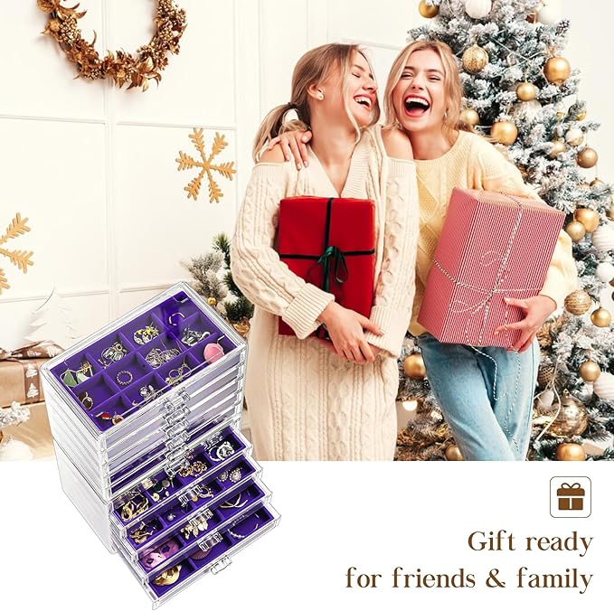 ProCase Earring Holder Organizer Jewelry Box with 10 Drawers, Acrylic Clear Earring Case with Adjustable Velvet Trays for Women - Purple,10 Layers