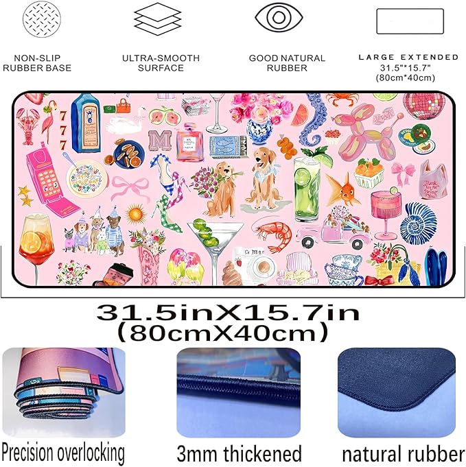 Funny Pink Desk Mat, Cute Colorful Desk Matt, for Desktop Large XXL, Gaming Mouse Pad, Anti Slip Mousepad Extended Deskpad Laptop Keyboard Computer Mat Desk Decor, for Women 31.5"X15.7"