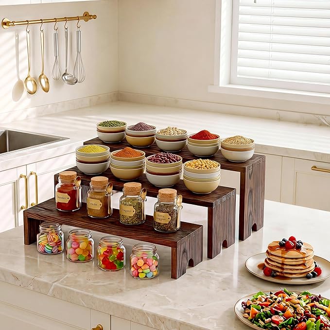 2 Set Wooden Cupcake Stand for Decor, 4 Tiered Stackable Display Risers, Farmhouse Decor Wood Dessert Table Display Set for Party, Vendor Events, Dark Brown