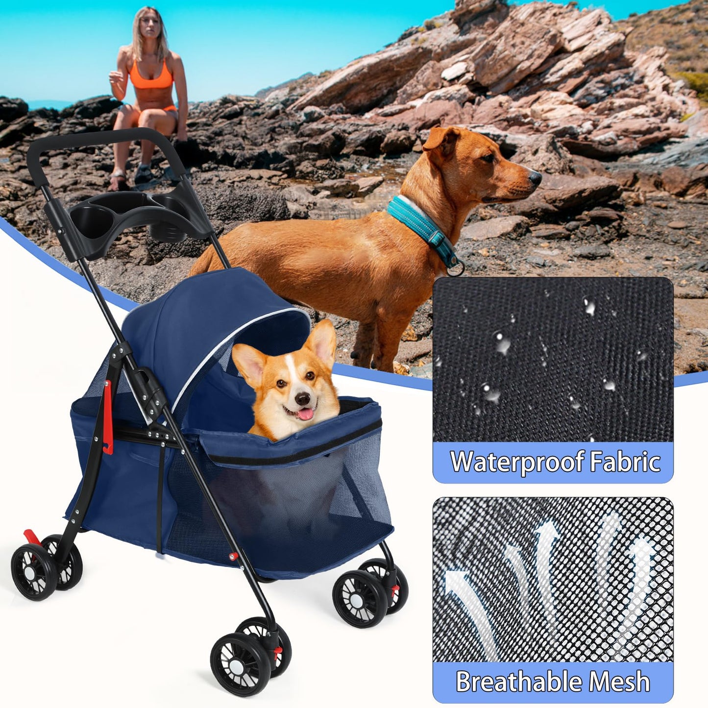 sxvbdway 4 Wheels Pet Stroller for Medium Small Dog up to 50lbs, Dog Cat Stroller, Outdoor Travel Pet Folding Strollers, Cat Cage Strollers with Cup Holder, Breathable and Visible Mesh (1 Set-Blue)