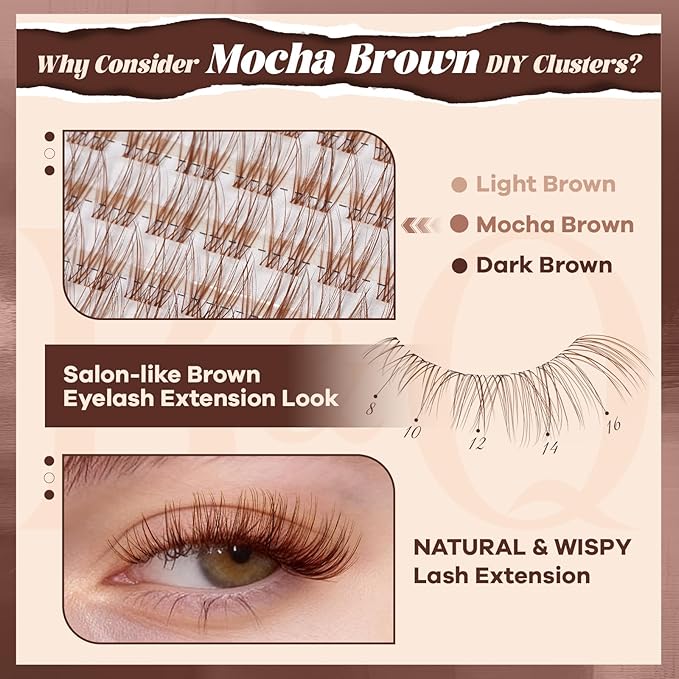 B&Q Brown Velure Lash Clusters Kit Natural Lashes Clusters, Wispy Light Brown Eyelash Cluster Kit C-8-16mm DIY Lash Eyelashes for Fair/Dark Hair, Lightweight & Invisible Band(Mochalash Velure 05 Set)
