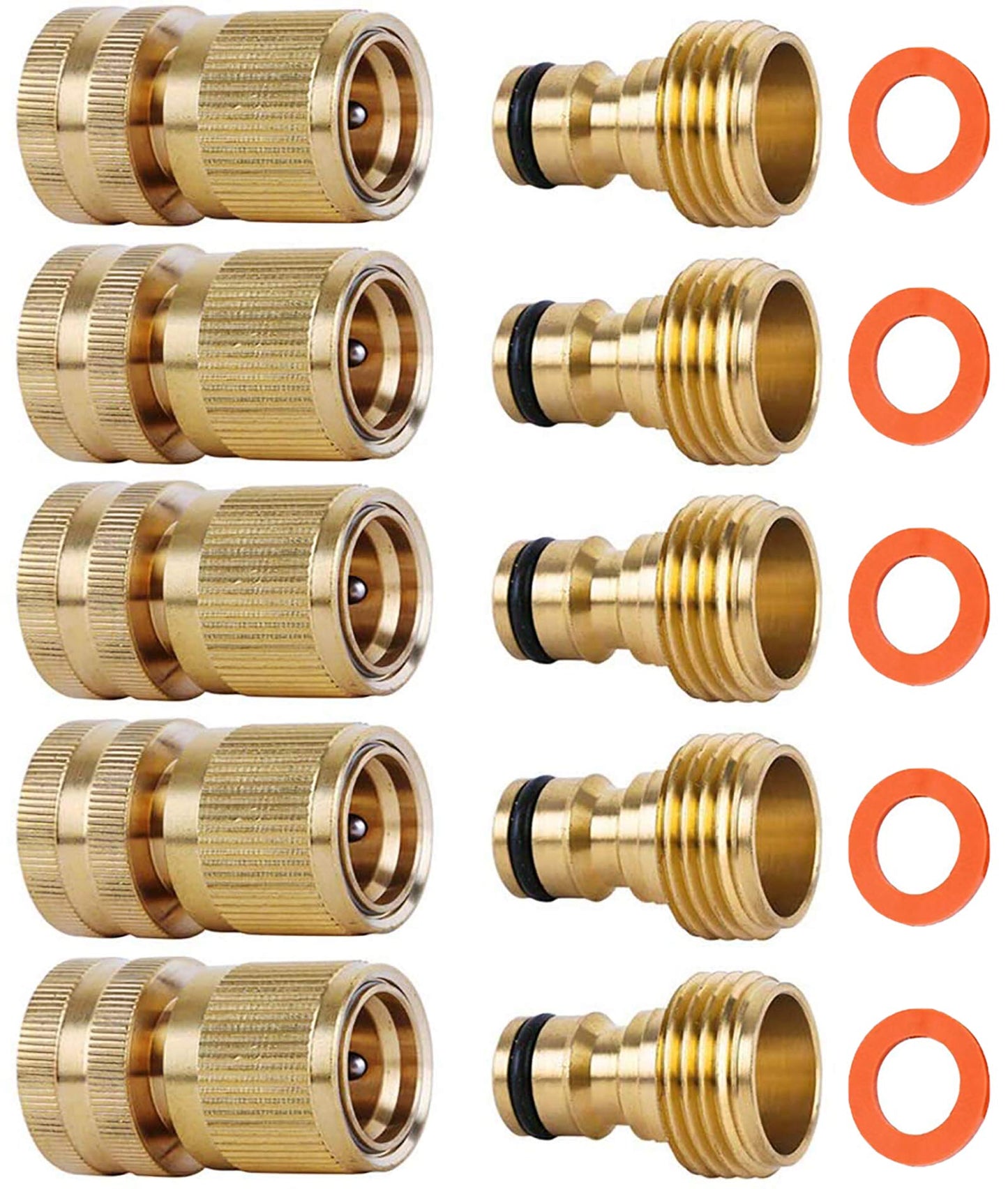 SHOWNEW Quick Connect Hose Fitting, Solid Brass Garden Hose Quick Connectors 3/4 Inch Thread No-Leak Water Hose Repair Fittings Male and Female Hose Adapter - 5Packs