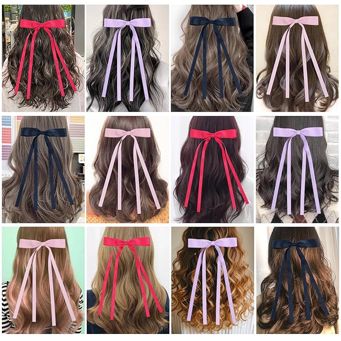 Hair Bows Clips Coquette Ribbon Bowknot with Long Tail Princess Hair Bows French Barrettes Hair Accessories for Women Girls 16PCS (Rose red, Dark Blue, Purple, Pink)