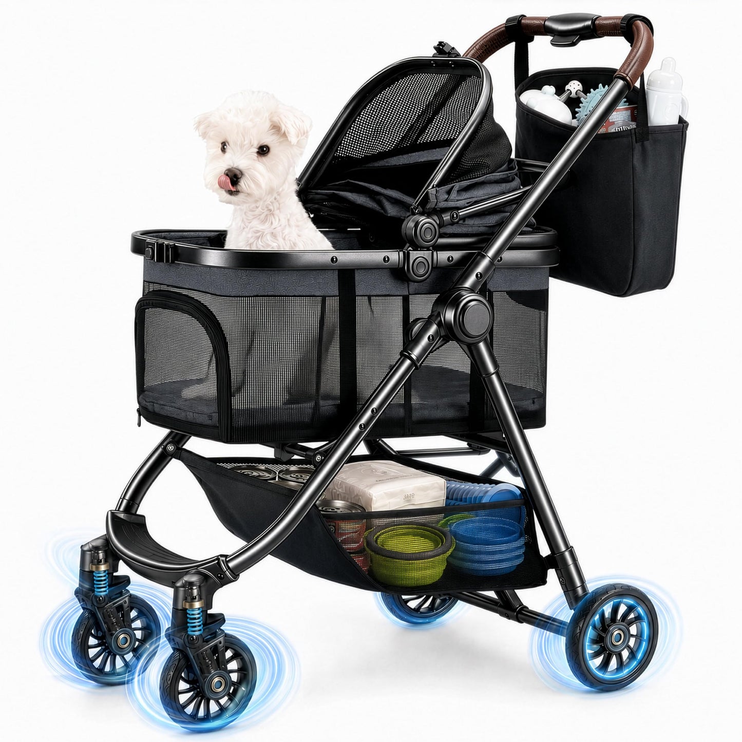 OJCME 3 in 1 Pet Carrier Stroller with Detachable Carrier, Foldable Dog & Cat Stroller for Small/Medium Dogs up to 33 lbs, Large Storage Bag, Full Window Mesh, One-Touch Dual Brake, Car Seat