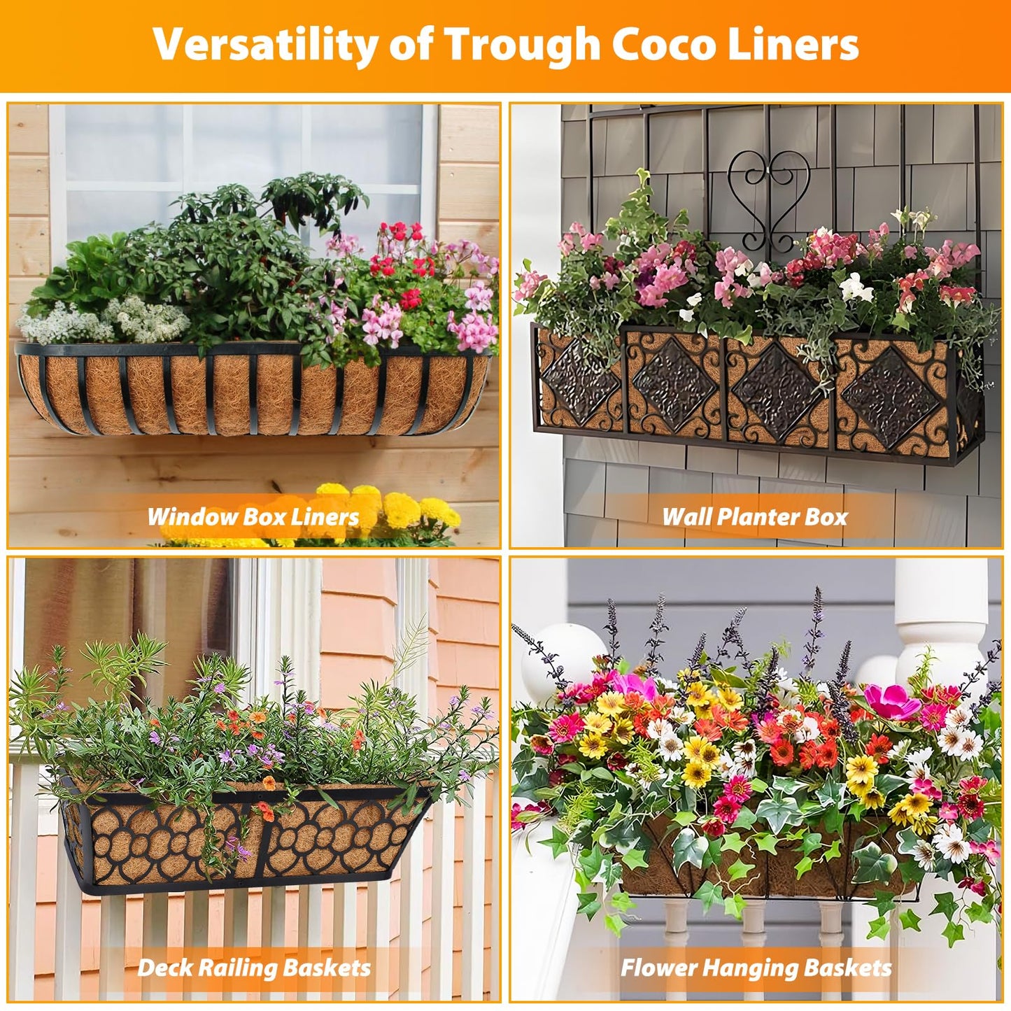Legigo 2 Pack 48 Inch Square Coco Liners Planter Baskets Liner- Natural Coconut Coir Basket Liner Replacement, Window Box Liners Trough Coconut Liners for Wall Planter Garden Deck Fence Flower Baskets