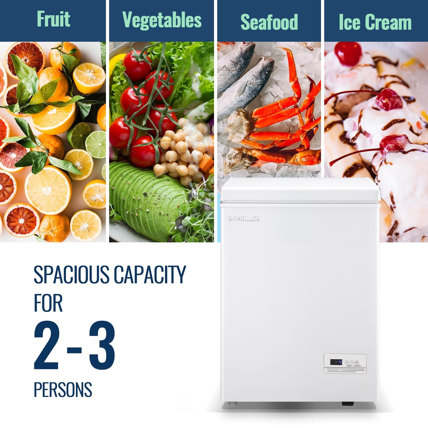 DEMULLER Chest Freezer with 2 Removable Baskets 3.5 Cu.ft Compact Freezers with Electronic Thermostat (50 ℉ to -12 ℉), Stay-Open Lid, Manual Defrost, Kitchen Office Apartment, White