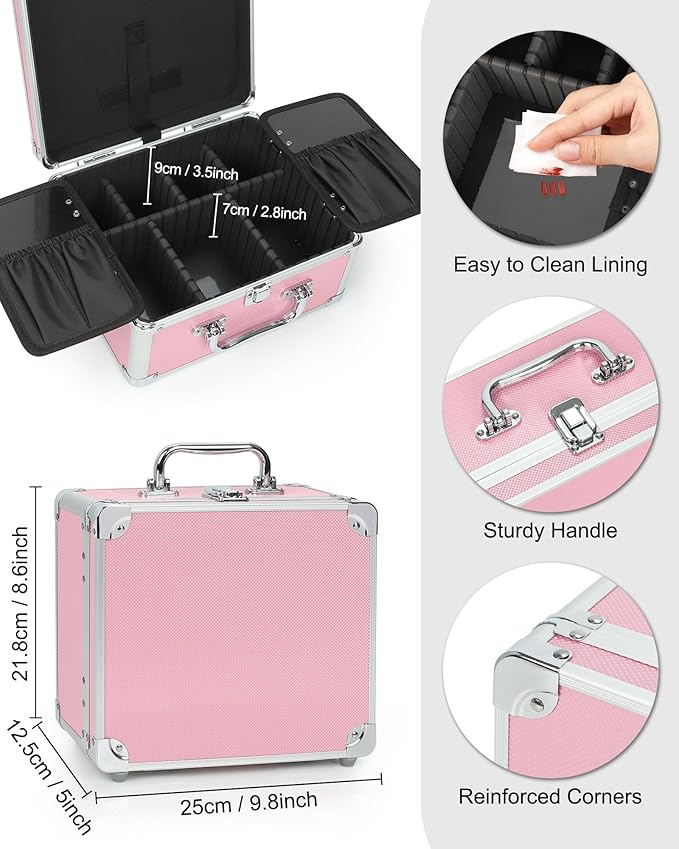 Relavel Makeup Bag with LED Mirror, Cute Makeup Box Travel Train Case with Rechargeable Lighted Mirror, Cosmetic Brush Organizer Storage for Makeup Artists Gifts for Women and Girls, Pink
