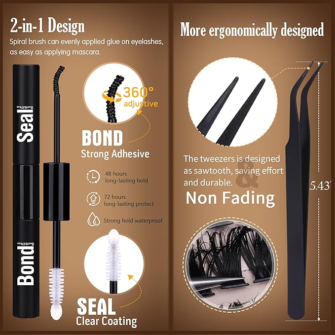 Geeneiya Volume Lash Clusters Kit DIY Lash Extension Kit D Curl Eyelash Extensions with Waterproof Lash Bond and Seal Waterproof Tweezers,10-16MM Cluster Lashes 300Pcs