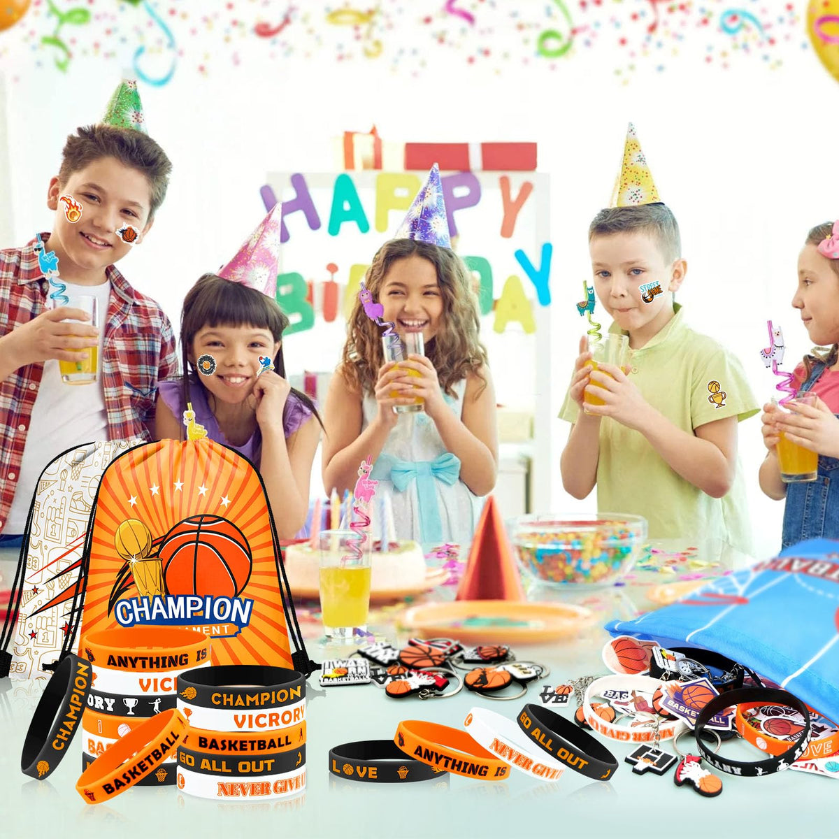 Grneric 110 Pcs Basketball Party Favors Drawstring Backpack with Keychains Silicone Bracelets Stickers for Sports Birthday Supplies Goodie Bags Basketball Themed Gifts