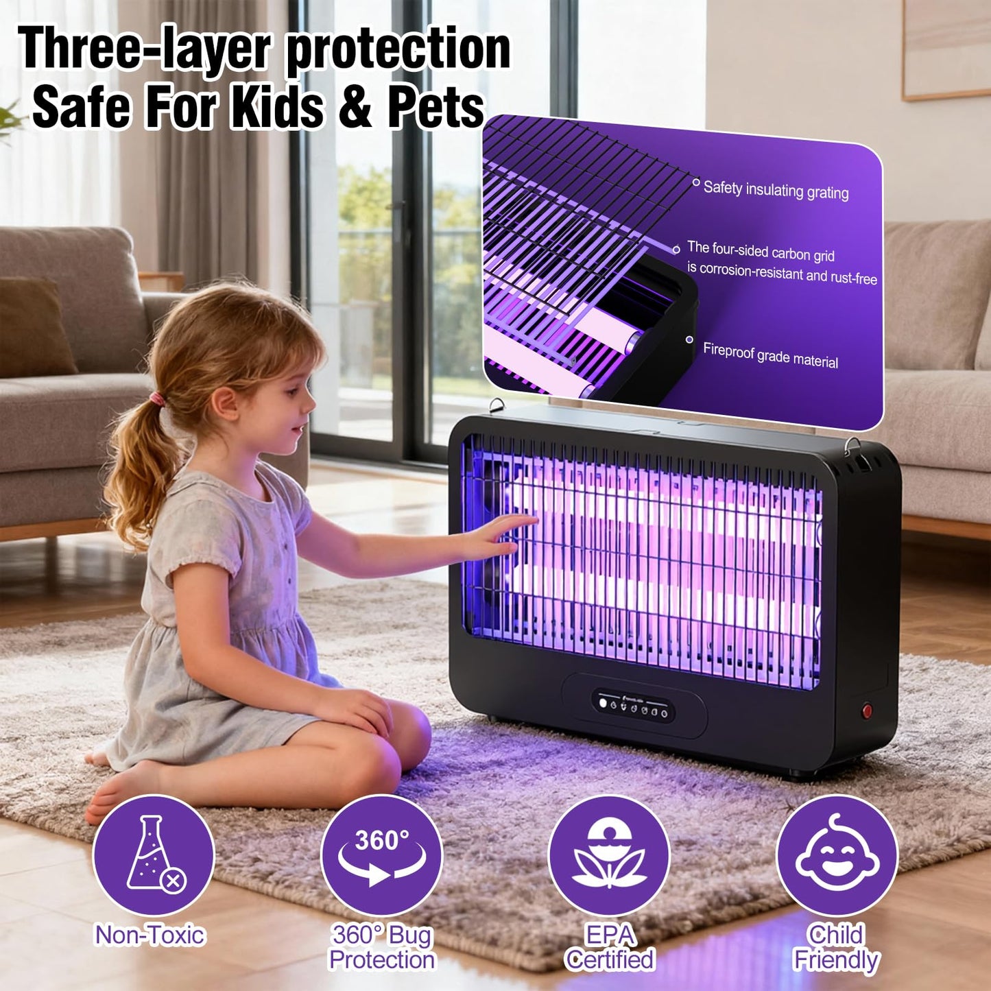 Electric Bug Zapper Indoor, Mosquito Zapper with 3500V Powerful Dual Grid & Remote, Fly Zapper Fly Trap Insect Killer for Patio Yard Home Kitchen Camping - Including 2 Replacement Bulbs (Black)
