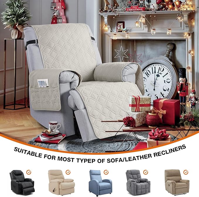 VANSOFY 100% Waterproof Recliner Chair Covers, Recliner Cover Non-Slip Dog Chair Cover Furniture Protector Washable Slipcover with Pocket, Elastic Straps for Pets, Dogs(Beige, 30")