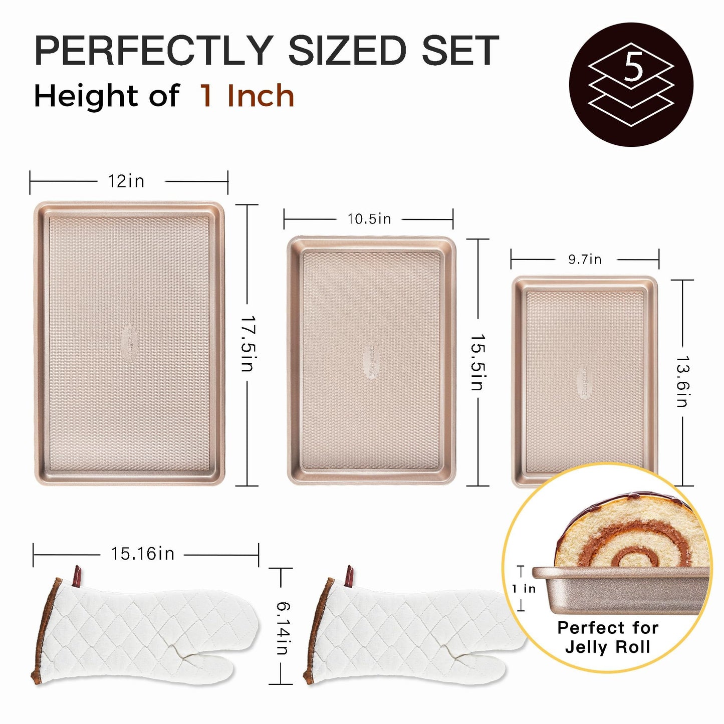 HONGBAKE 3 Pack Gold Nonstick Baking Sheet Pan Set with Oven Mitts Heat Resistant, Non-Toxic Half/Quarter/Jelly Roll Pans with Diamond Texture Pattern, Heavy Duty 0.8mm Thick Cookie Trays for Cooking