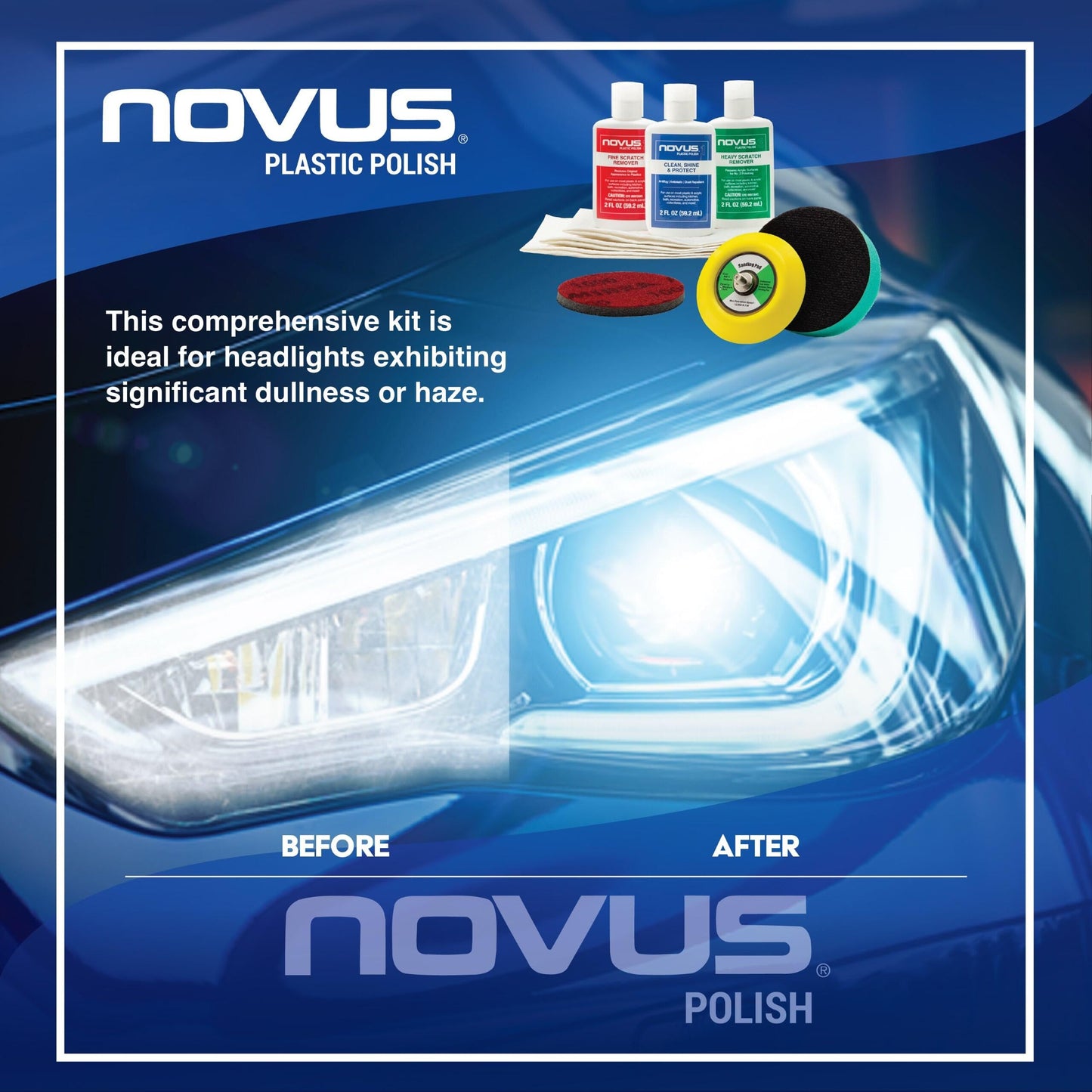 Novus Clear in Five Headlight Restoration Kit, 2 Ounce #1, 2, & 3 Bottles, Buffing Pad, Backing Pad Drill Attachment, 1,000 Grit Sanding Disk, 3 Polish Mates