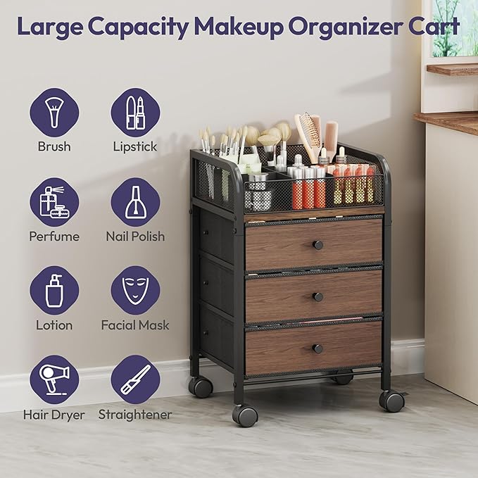 SWTYMIKI Rolling Makeup Organizer Cart - 14.96Ã¢ÂÂ³*11.81Ã¢ÂÂ³*23.03Ã¢ÂÂ³ Widened Under Desk Vanity Storage with 3 Non-woven Drawers, Cosmetic Display Cases for Skin Care Perfume Nail Polish Brush Hair Tool Black