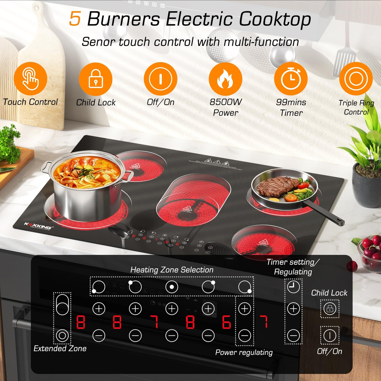 30 Inch Electric Cooktop 5 Burners, 8500W Built-in Radiant Ceramic Stove Top with Dual Expandable Heating Zone, Touch Control 9 Power Levels, Timer & Child Lock, Hard Wired 220-240V