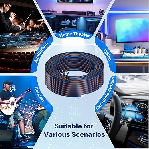 HiFind 16/2 Gauge AWG Car Audio Speaker Wire Cable 20 Ft, Professional Shielded OFC Zipper Wire, Transparent Soft PVC for Automotive Stereo HiFi Home Theater System, Subwoofer, Blue+ Brown