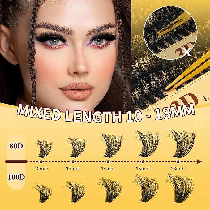 QUEWEL Lash Clusters Kit, 280Pcs 80D+100D 3D Lash Cluster Eyelash Extensions 10-18mm Lash Clusters Kit with Lash Bond and Seal and Lashes Tweezers Easy DIY at Home (80+100D 3D Kit)
