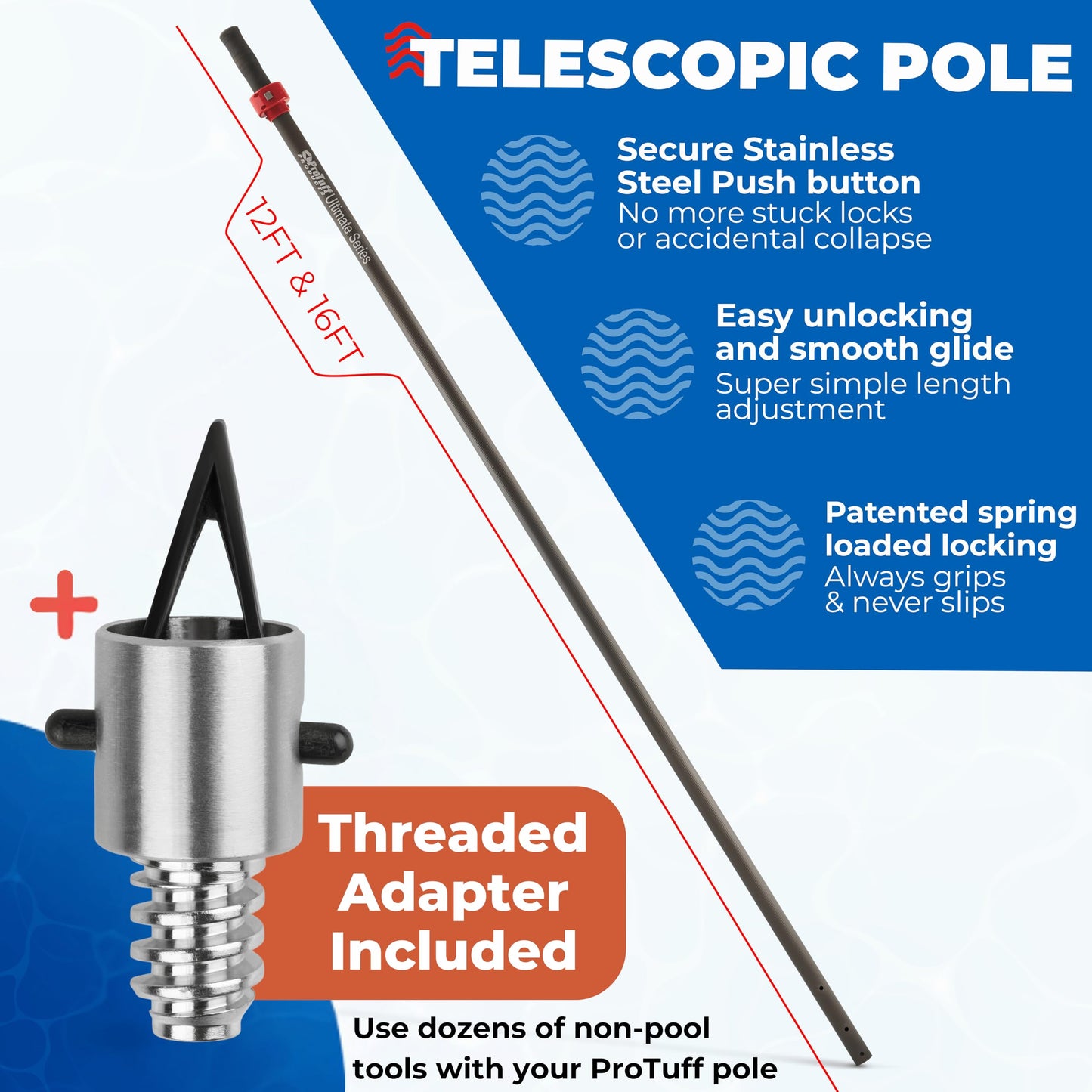 ProTuff 16ft Heavy Duty Telescopic Pool Pole – Unconditional Lifetime Replacement - Instant & Reliable Extension - Universal Fit for Nets, Skimmers, Brushes & Vacuums - Anti-Slip, Comfort Grip
