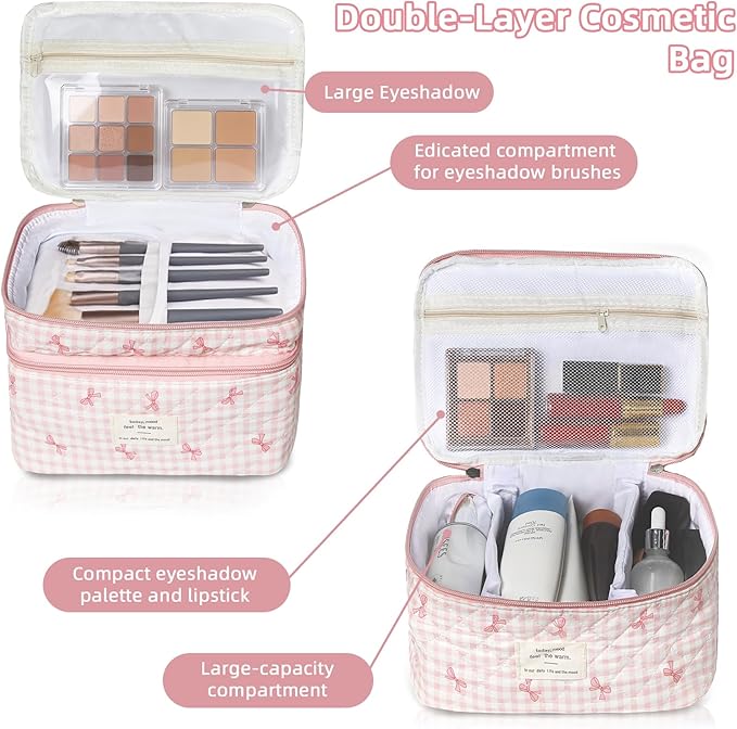 Makeup Bag, Portable Travel Make up Bag, Large Capacity Quilted Cosmetic Organizer Bag, Cute Floral Toiletry Bag for Women Girls (Pink Bow)