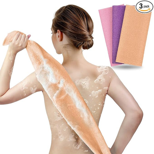 ARCH&M 3-Pack Premium Nylon Exfoliating Towel - 35-Inch Quick-Dry, Hygienic Japanese Washcloth for Body & Back - Durable, Machine Washable, Long-Lasting (Peach Purple Pink)