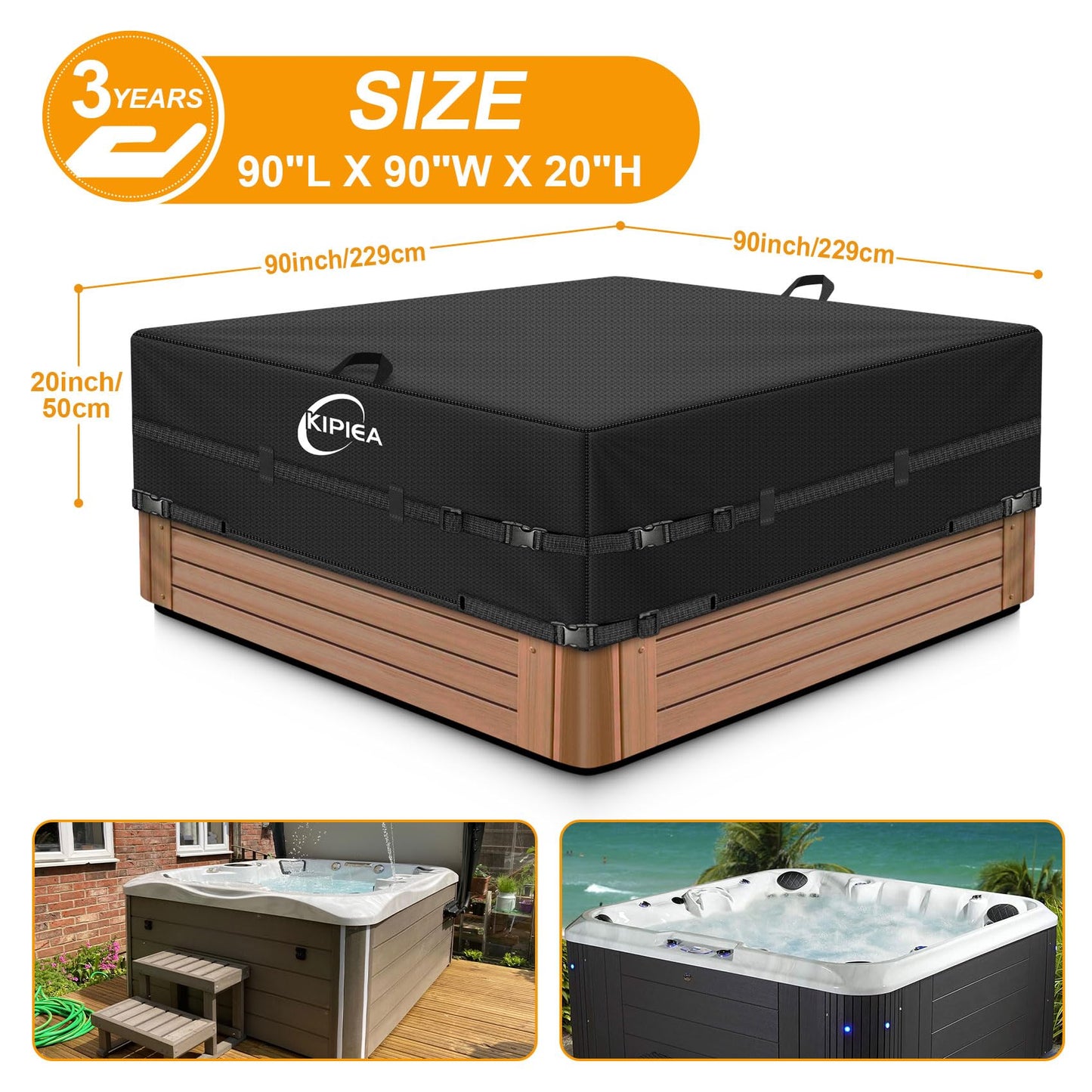 Kipiea 600D Outdoor Waterproof Square Hot Tub Cover Protector, Heavy Duty Polyester SPA Cover UV Protection Cover 90" L x 90" W x 20" H, Black