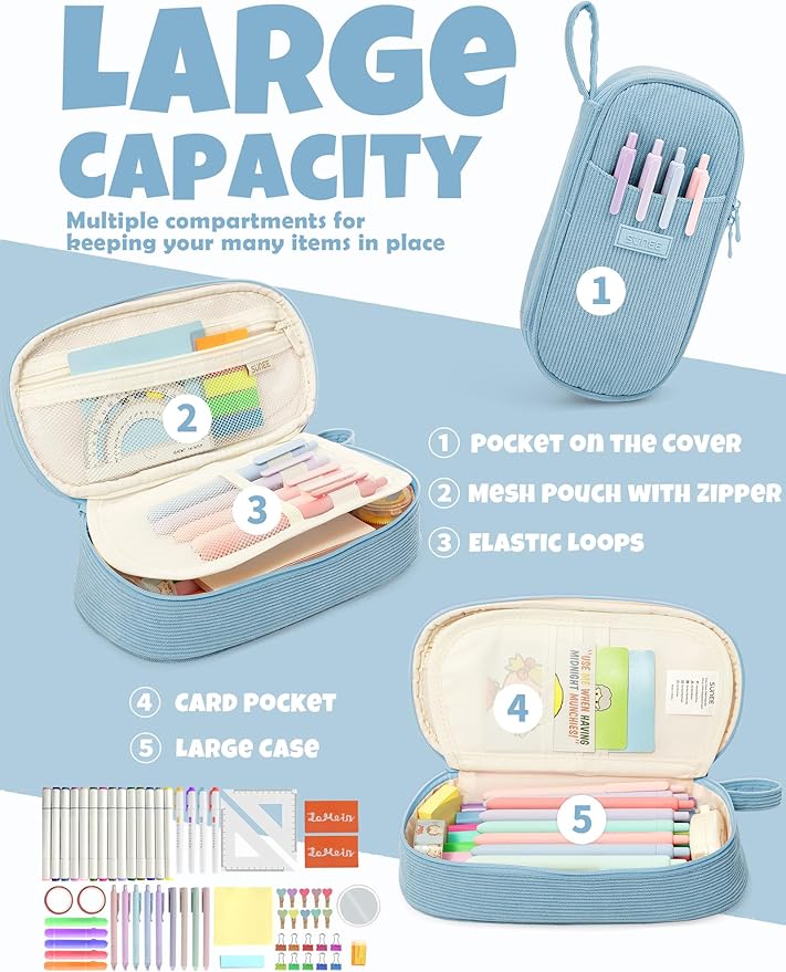 SUNEE Cute Pencil Case, Large Pencil Pouch, Aesthetic Big Pencil Bag with Zipper, Kawaii Stationery Storage and Organizer, School Supplies for Teen and Adult, Boys&Girls, Soft Corduroy Grey Blue