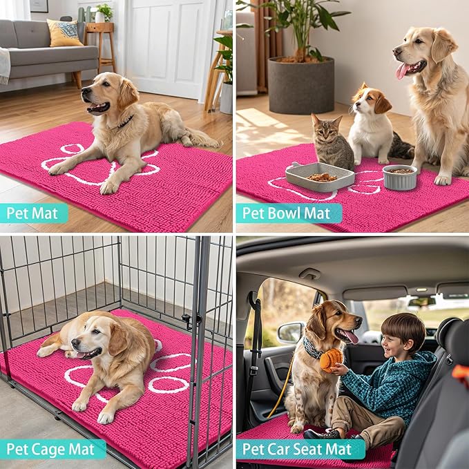 Smiry Dog Door Mat for Muddy Paws, Absorbent Dirt Trapper Non Slip Quick Dry Washable Chenille Mat for Mud Dogs, Entry Rug for Indoor and Outdoor (30x20 Inches, Hot Pink and White)