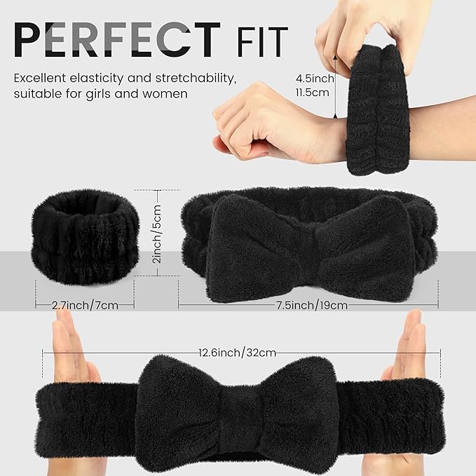 Crosize Headbands and Wristbands Set for Washing Face, Spa, Skincare, Gift for Women and Girls, with Powder Puffs, Black