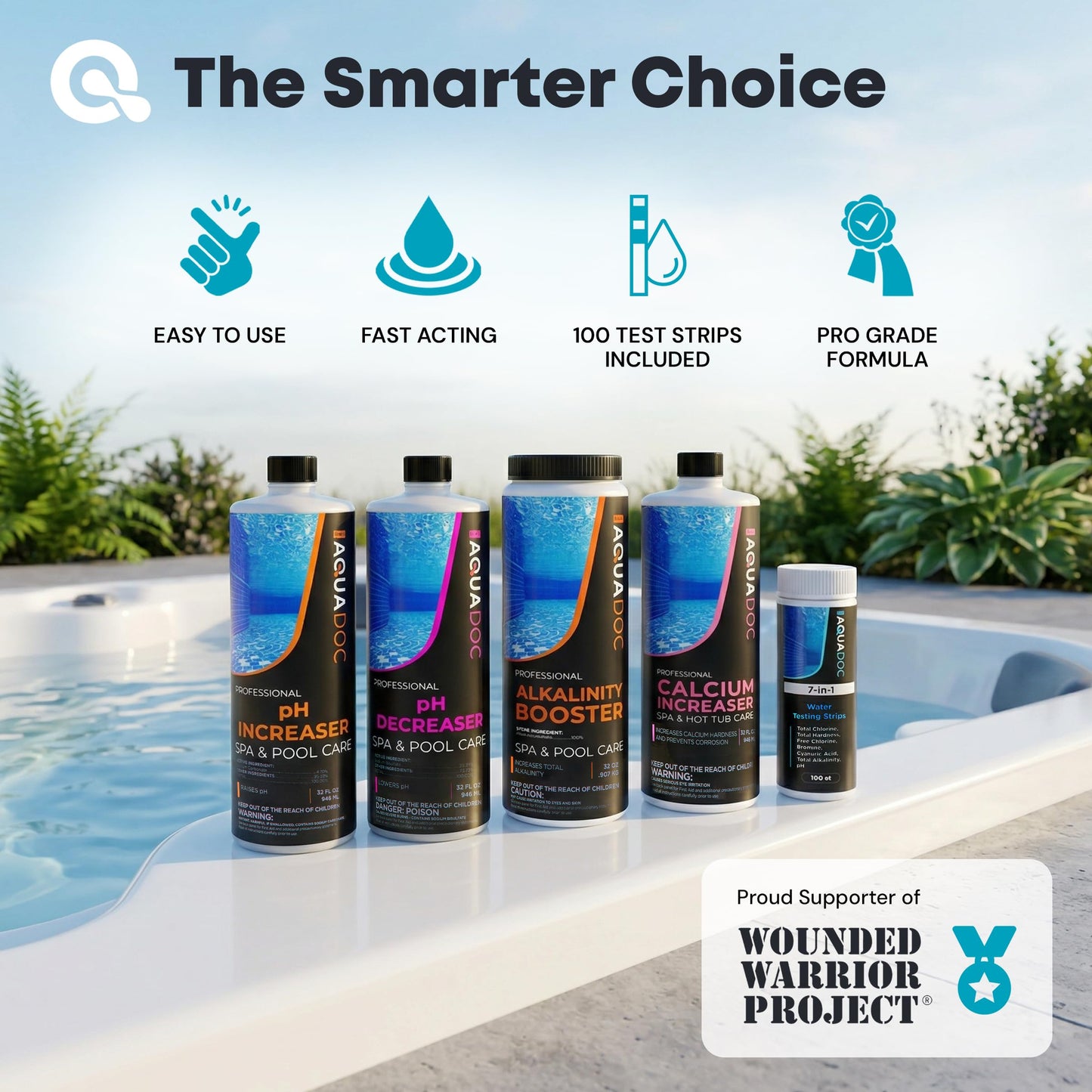 AquaDoc Hot Tub Water Balance Kit with pH Increaser, pH Decreaser, Alkalinity & Calcium Increaser, 100 Test Strips - Hot Tub Chemicals Starter Kit Compatible with Chlorine & Bromine - Made in USA