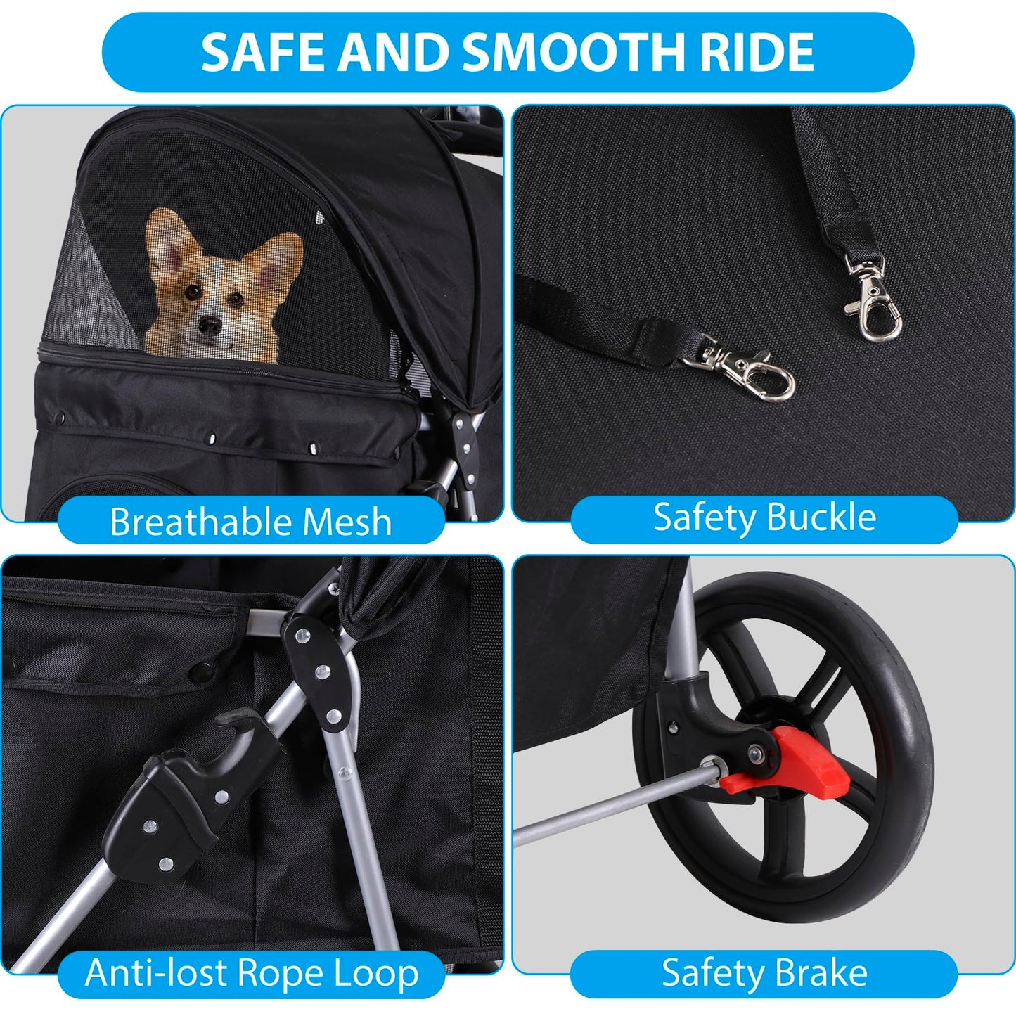 Foldable Pet Stroller for Cats and Dogs 3 Wheels Carrier Strolling Cart with Weather Cover, Storage Basket + Cup Holder (Black)