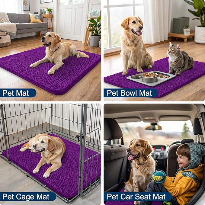 Smiry Dog Door Mat for Muddy Paws 40x32, Absorbs Moisture and Dirt Doormat, Non-Slip Washable Quick Dry Chenille Front Door Mat Indoor Entrance, Entryway Carpet for Inside Floor, Purple
