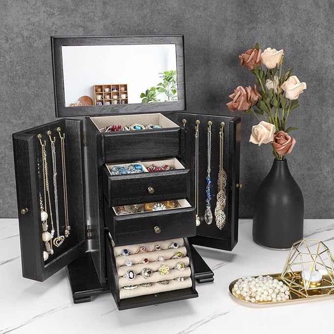 Emfogo Jewelry Box for Women, Rustic Wooden Jewelry Boxes & Organizers with Mirror, 4 Layer Jewelry Organizer Box Display for Rings Earrings Necklaces Bracelets (Black)