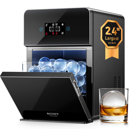 ecozy 2.4" Clear Ice Ball Maker Countertop with CrystalFlux Technology, 3 pcs in 45 Mins, 96 pcs/Day, Sphere Ice Maker with Automatic Water Supply, Self-Cleaning, Enhanced Insulation for Whiskey Bar