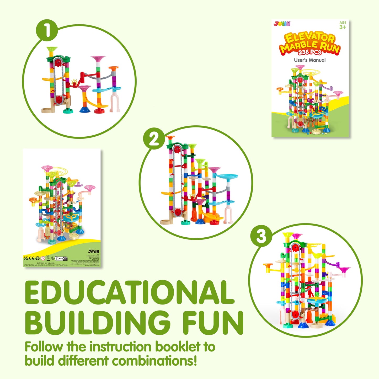 JOYIN 236Pcs Glowing Marble Run with Motorized Elevator- Construction Building Blocks Toys with 30 Glow in The Dark Plastic Marbles, STEM Toy for Boys and Girls Gift for Christmas