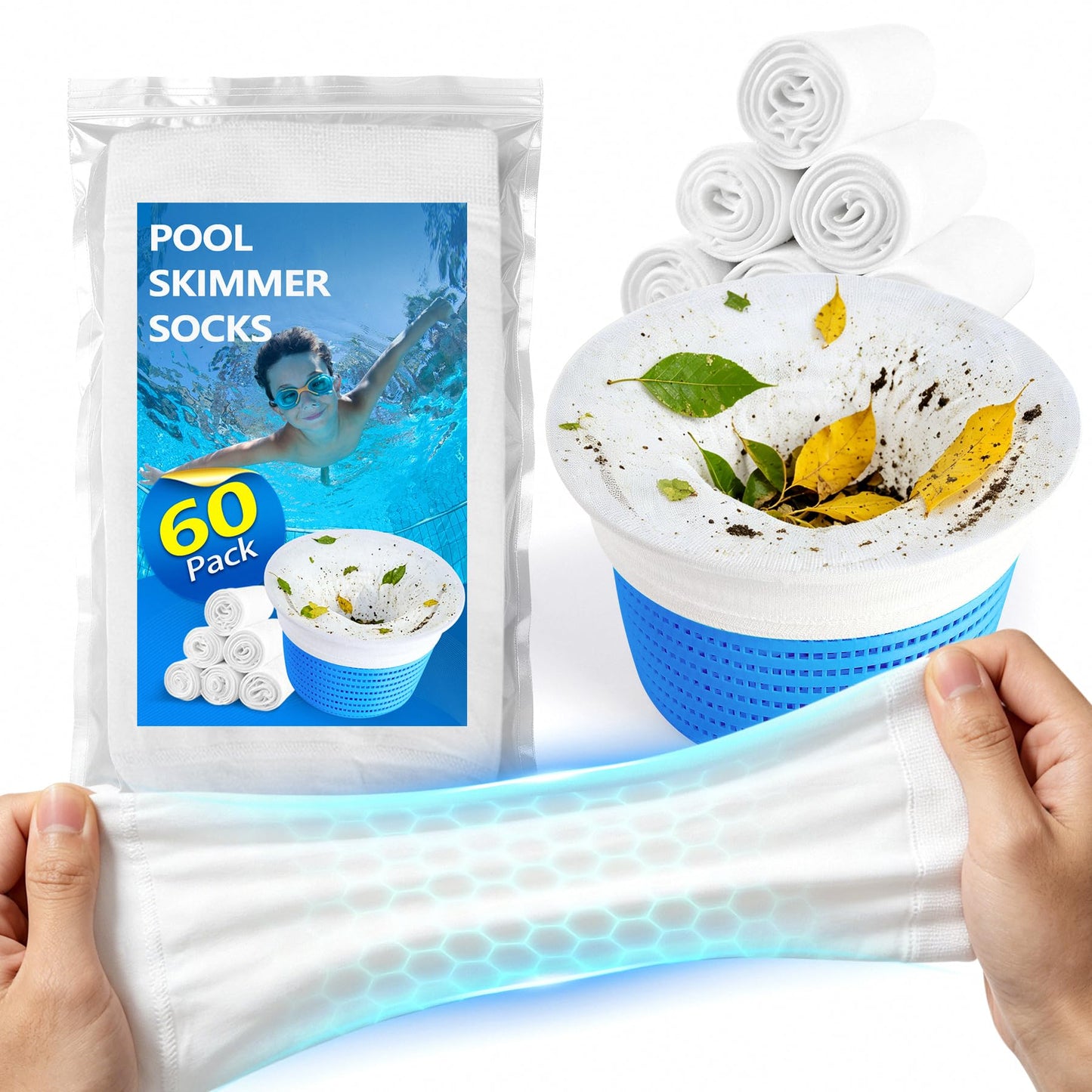 BluSwim 60 Pack Pool Skimmer Socks, Ultra Fine Mesh Pool Sock for Skimmer Basket - Keep Water Clear, Filter Socks for Above Ground and Inground Pools- Catching All Fine Debris/Protect Filter System