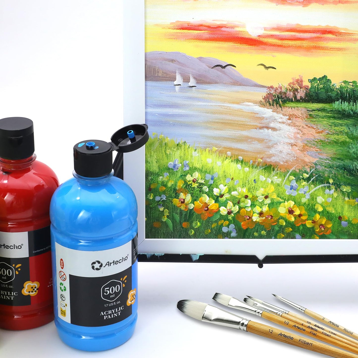 Artecho 12 Colors Large Bulk Acrylic Paint Set (500ml/17oz) Bottles, Craft Paint for Canvas, Rocks, Wood, Fabric, Ceramic, Non-Toxic